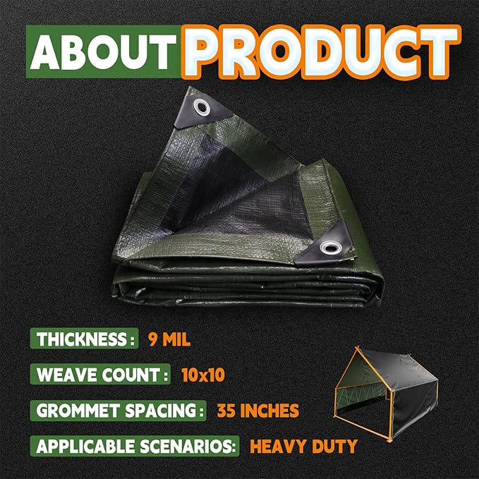RAINDEWAY Tarps 30x50 Feet,Large Tarp Waterproof,9Mil Thick Finished Size, Multipurpose Poly Tarp Cover with Metal Grommets and Reinforced Edges,Green/Black Tarpaulin