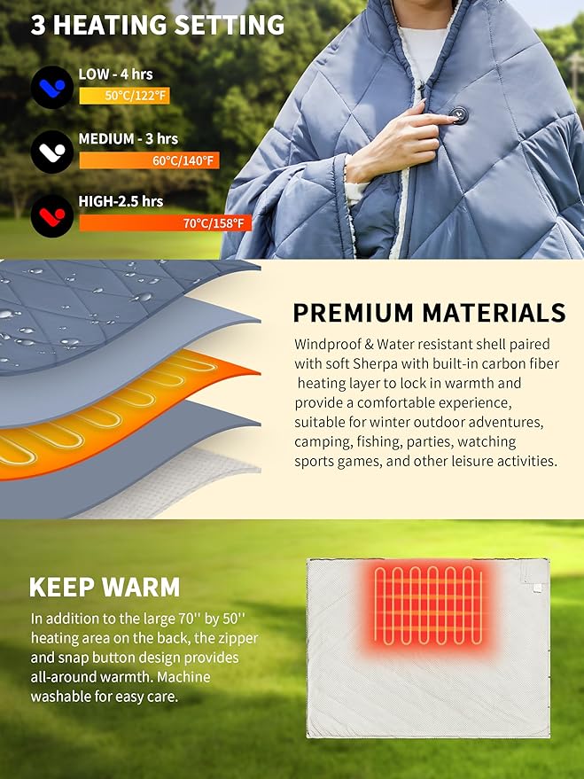 Heated Blanket Battery Operated,12V Heated Shawl Throw Blanket,Cordless heating pad with 15000 battery,Wearable Heated Blanket,Sherpa Lining,3 Heating Set for Car,Camping,Backpacking,Hiking,Travel