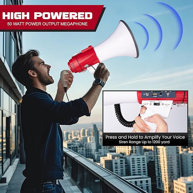 MyMealivos 50W Bluetooth Megaphone with Rechargeable Battery-Professional Bullhorn with Siren&240s Recording Supports USB/SD/3.5mm Aux-1600ft Range for Sports Police Emergency Outdoor Activities