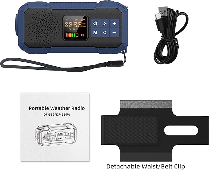 Portable Emergency Radio with AM FM NOAA,Bluetooth Speaker,2000mAh Rechargeable Battery,USB-C Hand Crank Solar Charging,Clear Sound Quality,Flashlight,SOS Alarm for Storm Power Outages Camping