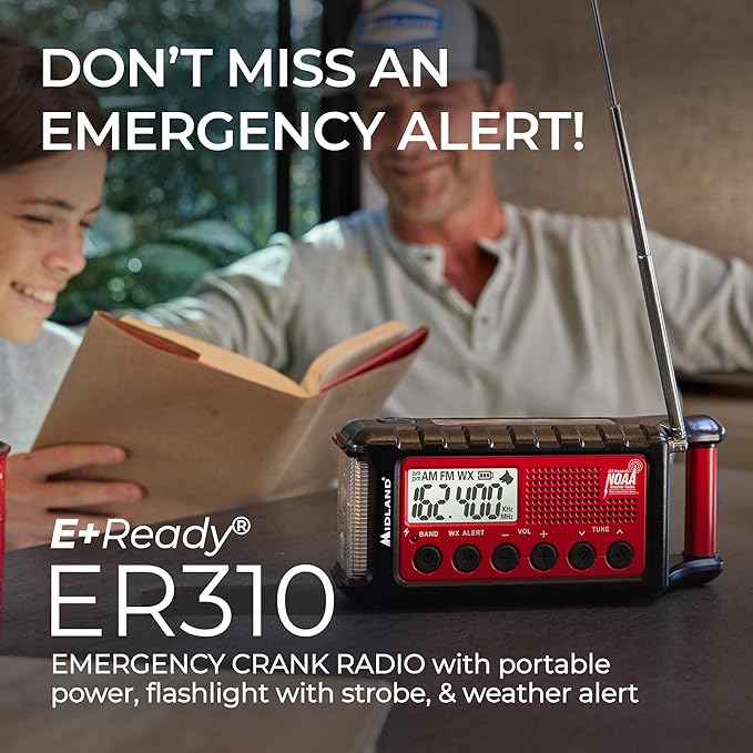 Midland - ER310, Emergency Crank Weather AM/FM Radio - Multiple Power Sources, SOS Emergency Flashlight, Ultrasonic Dog Whistle, & NOAA Weather Scan + Alert (Red/Black)