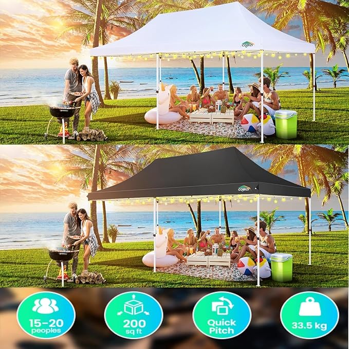 COBIZI 10x20 Pop Up Canopy Tent with Sidewalls,Party Tent Outdoor Gazebos, Waterproof & UV50+,3 Adjustable Heights,Higher Frame Design - Extra Tall for Parties Backyard,Weddings,Markets,(Khaki)