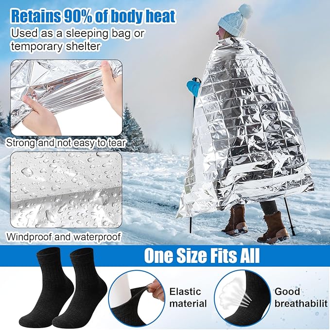 180 Pcs Homeless Care Package Supplies Bulk Winter Emergency Thermal Blankets Warm Socks Touchscreen Gloves Space Blanket Survival for Cold Weather Outdoor for Men Women(Multi-Color)