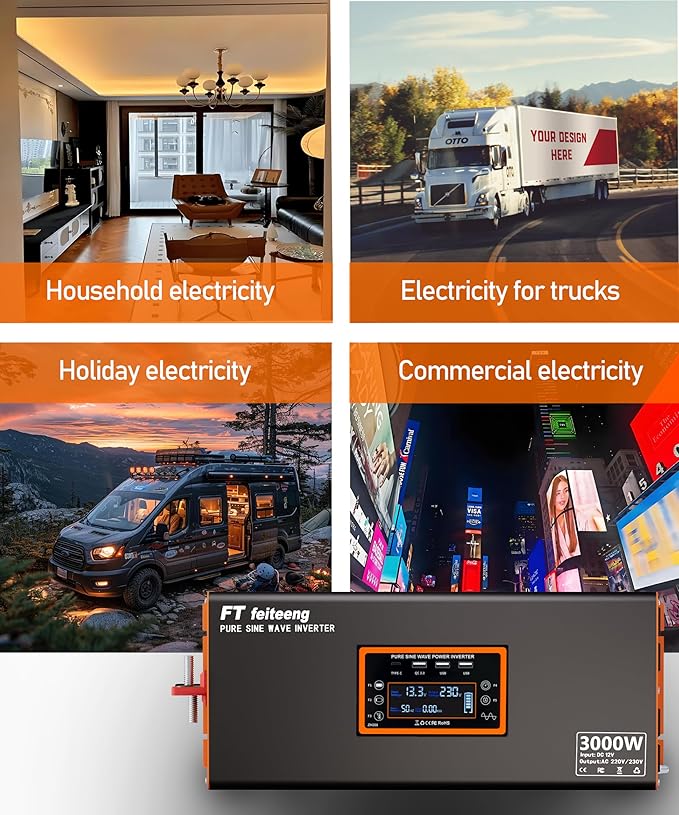 3000W Pure Sine Wave Inverter 12v to 110v Inverter 6000w Peak Power Rv Truck Emergency Power + Solar Off-Grid System Type-C/USB Fast Charging LCD Monitor Screen
