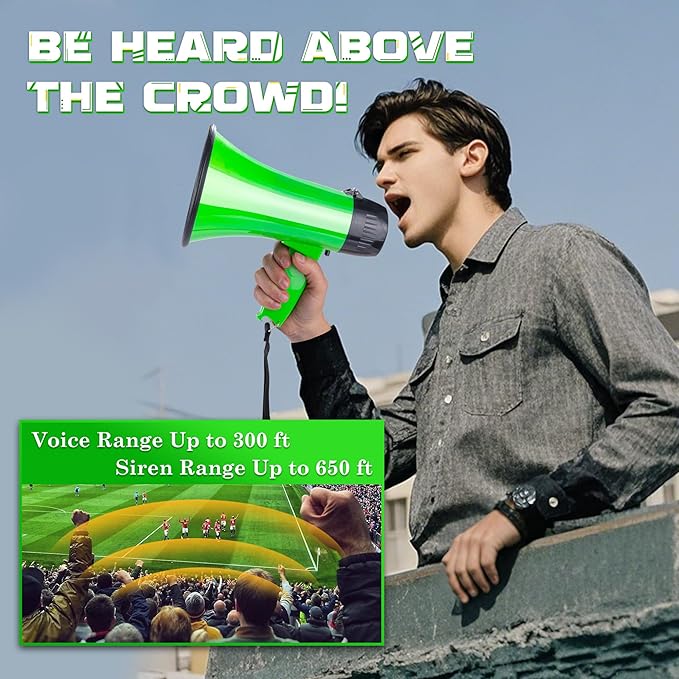 MyMealivos Portable Megaphone Bullhorn 20 Watt Power Megaphone Speaker Voice and Siren/Alarm Modes with Volume Control and Strap (Green)