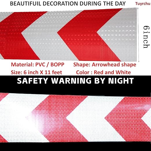 Reflective Tape Red and White 6 inch, Outdoor Waterproof Hazard Conspicuity Warning Industrial Marking Tape (11 feet)