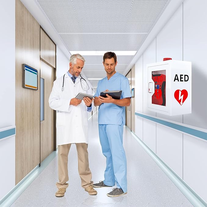 AED Defibrillator Wall Mounted Cabinet, Steel Storage Cabinet with Alarm and Light, AED Cabinet fits All Brands Cardiac Science, Zoll, AED Defibrillator, Physio-Control, 14.2 x 7.8 x 15.7 Inch