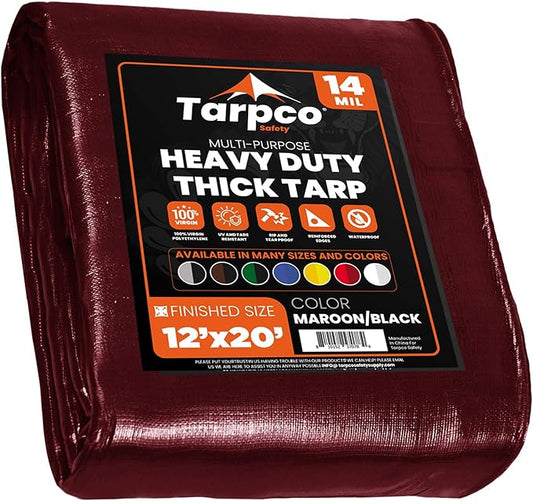 Tarpco Safety Extra Heavy Duty 14 Mil Tarp Cover, Waterproof, UV Resistant, Rip and Tear Proof, Poly Tarpaulin with Reinforced Edges for Roof, Camping, Patio, Pool, Boat (Maroon/Black 12′ X 20′)