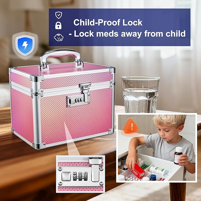 Adazzo Lockable Medicine Storage Box - Shiny Pink Cabinet Med Lock Organizer, 10 x 7 x 9 Inches Safe Case with Combination Lock for Home, Dorm, Office, or Travel
