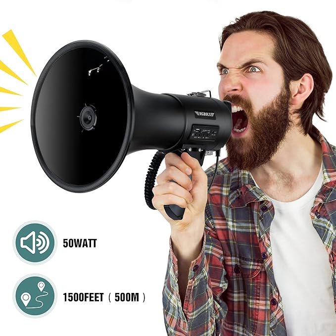 Bluetooth Megaphone Bullhorn, 50Watt Loud Speaker w/Rechargeable Battery, Built-in Siren and 260S Recording, USB/SD/AUX Input-for Outdoor, Police, Cheerleading(Matte Black)