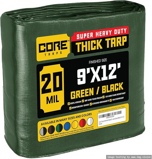 Core Tarps Extreme Heavy Duty 20 Mil Tarp Cover, Waterproof, UV Resistant, Rip and Tear Proof, Poly Tarpaulin with Reinforced Edges for Roof, Camping, Patio, Pool, Boat (Green/Black 9′ X 12′)