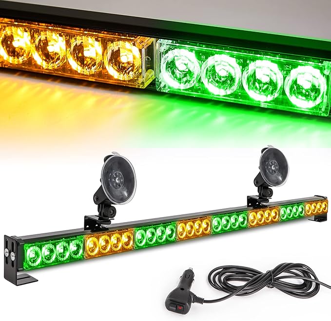 Amber/Green Emergency Strobe Light Bar 36 In 13 Flash Patterns Traffic Advisor Warning Hazard Windshield Safety Lights Bar with Cigar Lighter for Vehicles, Truck (35.5 Inch, Yellow/Green 32 Led)