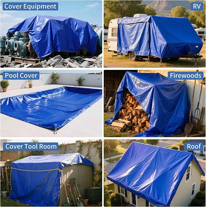 TARPAL 16x16ft Waterproof Heavy Duty Tarp 16Mil Thick with Metal Grommets Every 17.7" Large Multipurpose Tarp Tear-Resistant UV Protection Covers Roof, Pool,Car,Firewood&Outdoor Furniture(Blue/Brown)