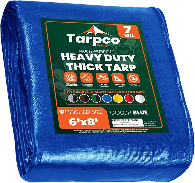 Tarpco Safety Heavy Duty 7 Mil Tarp Cover, Waterproof, UV Resistant, Rip and Tear Proof, Poly Tarpaulin with Reinforced Edges for Roof, Camping, Patio, Pool Cover, Boat (Blue 6′ X 8′)