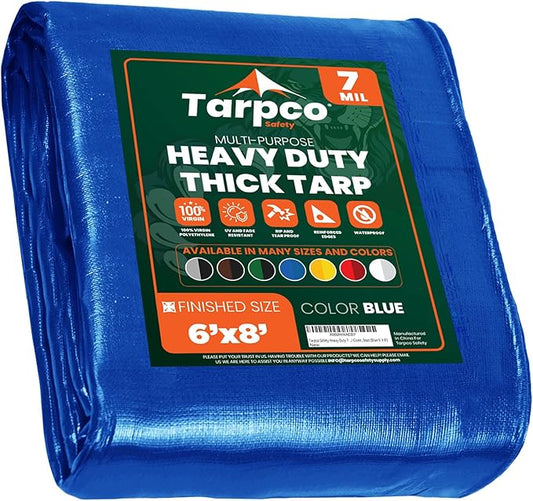 Tarpco Safety Heavy Duty 7 Mil Tarp Cover, Waterproof, UV Resistant, Rip and Tear Proof, Poly Tarpaulin with Reinforced Edges for Roof, Camping, Patio, Pool Cover, Boat (Blue 6′ X 8′)