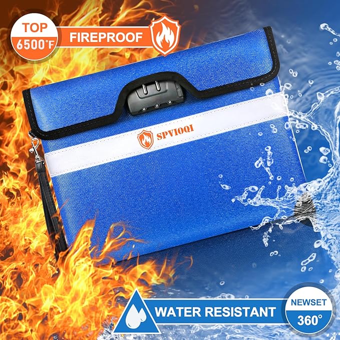 SPVIOQI 6500F Fireproof Document Bag with Lock, Upgraded 10Layer Heat Insulated, Water Resistant, Blue, Large, Rectangular, Fireproof Money Bag for Documents, Cash, Valuables