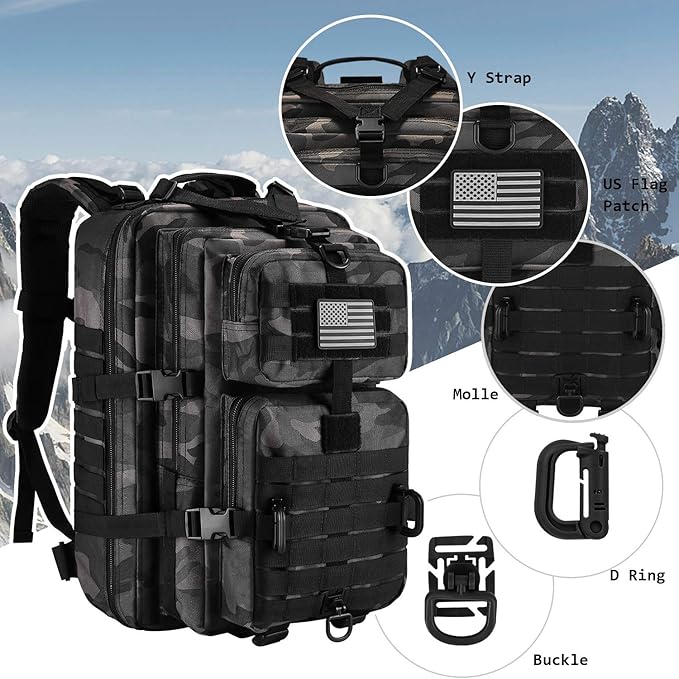 MOLLE Assault Pack, Tactical Backpack Military Army Camping Rucksack, 3-Day Pack Trip w/USA Flag Patch, D-Rings, Black Camo