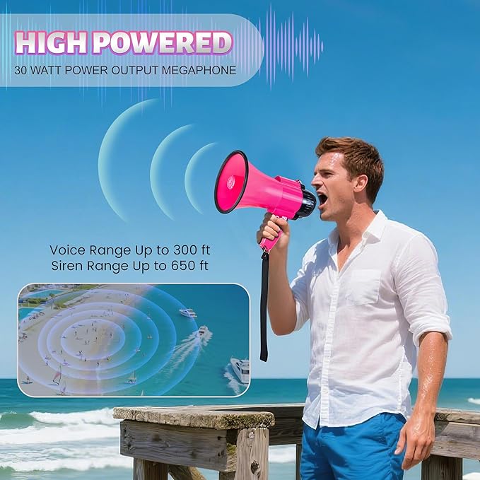 30 Watt Power Portable Megaphone Bullhorn Speaker Voice, Siren/Alarm and 240S Recording with Volume Control and Strap