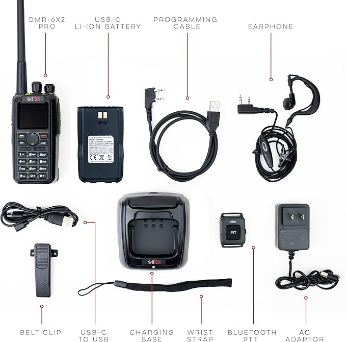 BTECH DMR-6X2 PRO DMR & Analog Two-Way Radio (Bluetooth + GPS) USB-C Battery – 7W VHF/UHF (136-174MHz & 400-480MHz), Encryption, Talker Alias, APRS, Roaming, Voice Recording, with Accessory Kit