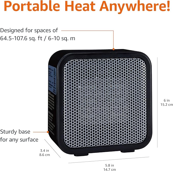 Amazon Basics Ceramic Space Heater, Mini Heater for Office Desk, Portable Tent Heater (Indoor Use), 500 W, With Tip-Over Protection, Lightweight (1.4 LBS), Black, 5.87”D x 3.15”W x 5.95”H