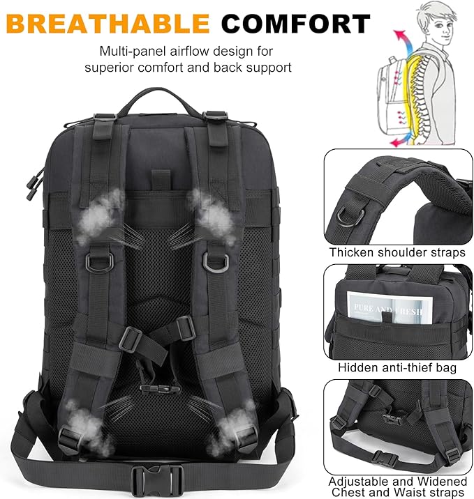 Tactical Backpack 45L Army Military Rucksack, Water Resistant MOLLE EDC Pack, Large 3 Day Bug Out Bag for Men & Women, Durable Outdoor Gear for Hiking, Camping, Hunting, Fishing,Travel (Black)
