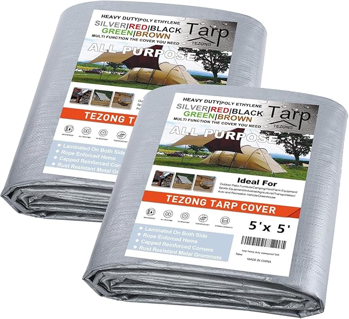 Tarp Heavy Duty Waterproof 5x5ft,TEZONG Silver Poly Tarp 12Mil Plastic Outdoor Tarpaulin Cover Multipurpose for Rain,Sun,Patio Furniture,Pool,Roof,Wood,Camping,Car 2Pack