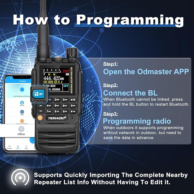 TIDRADIO TD-H3 Ham Radio Type C & Wireless Programming(4PCS Batteries)，8-Band Long Range Walkie Walkies Rechargeable Handheld Portable Full-Featured 2 Way Radios- Black, Full Kit 2Pack