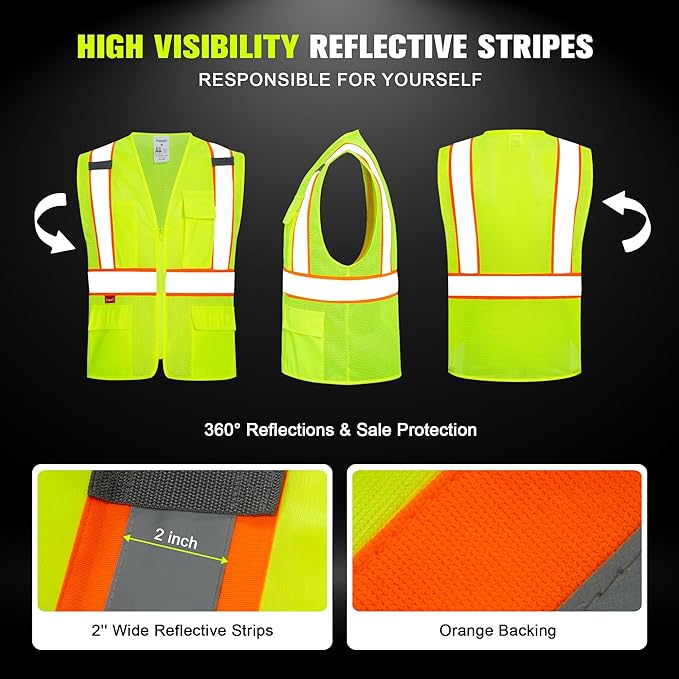 ProtectX Safety Vest for Men Women ANSI Class 2 High Visibility Mesh Reflective Construction Vest with 4 Pockets
