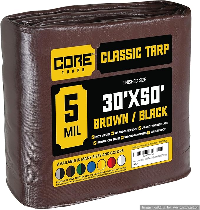 Core Tarps Classic 5 Mil Tarp Cover, Waterproof, UV Resistant, Rip and Tear Proof, Poly Tarpaulin with Reinforced Edges for Roof, Camping, Patio, Pool Cover, Boat (Brown/Black 30′ X 50′)