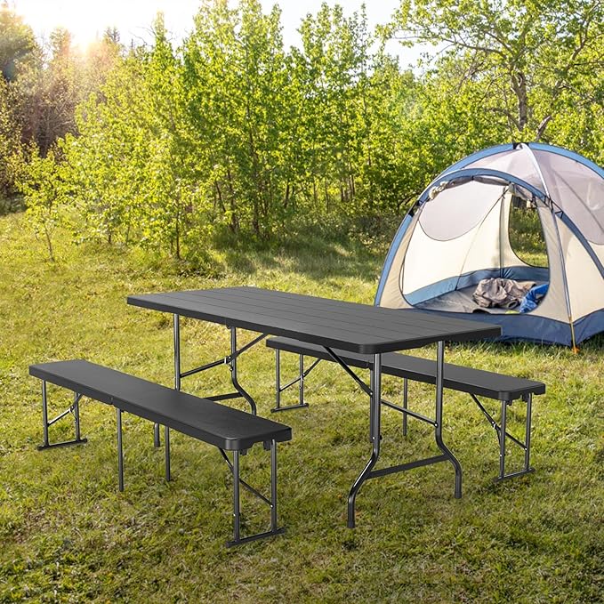 VINGLI Picnic Table Set with 2 Benches, 6 Feet Camping Table Chair Set, 3-Piece Folding Furniture for Indoor or Outdoor Use, Tree Patterned HDPE Tabletop, Black