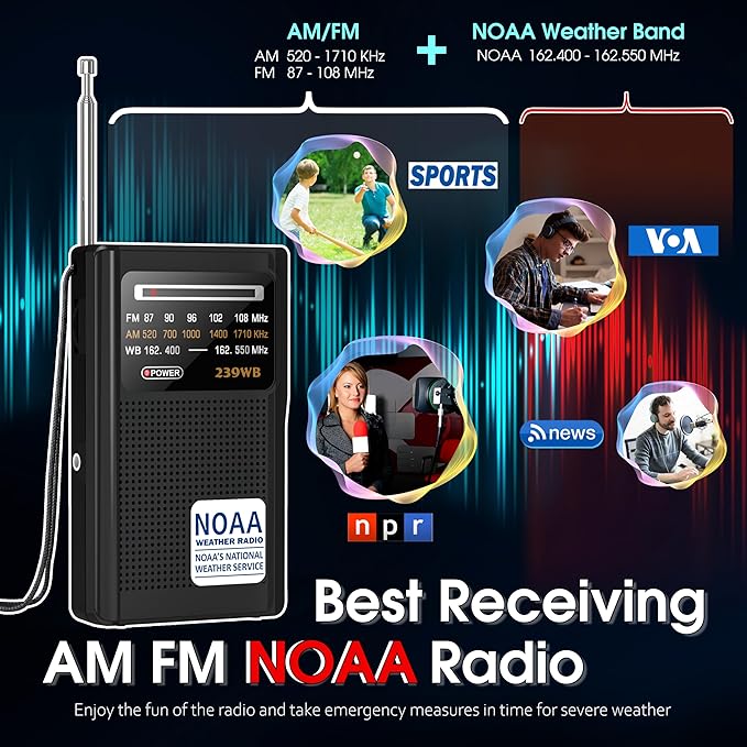 Greadio NOAA Weather Radio, Stereo Earphone Jack,AM/FM Battery Operated Transistor Portable Radio with Best Reception,Powered by 2 AA Battery for Emergency,Hurricane,Running, Walking,Home(Black)