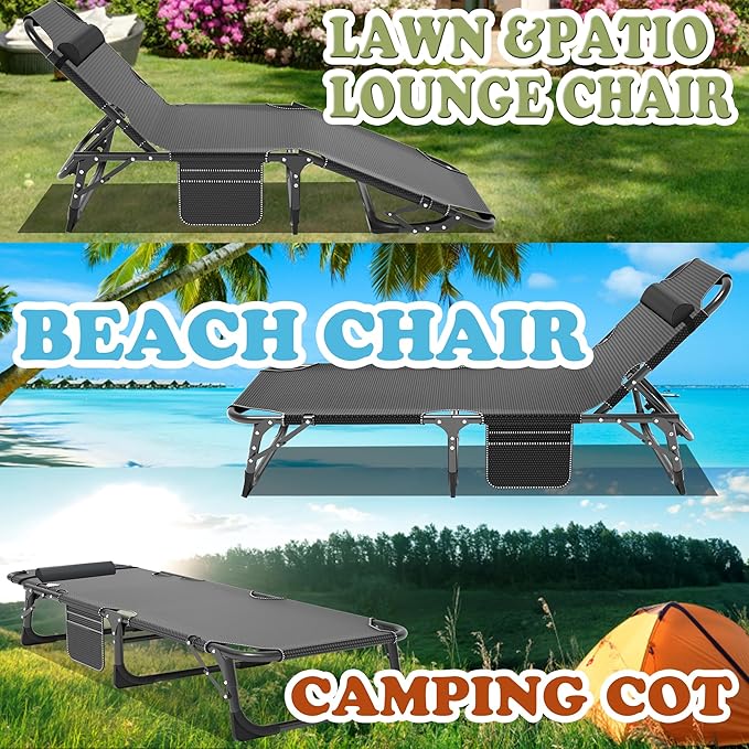 ABORON Patio Lounge Chair, Folding Guest Bed Cot for Adults, 500LB Heavy-Duty Capacity, Portable Extra Bed with Comfort Mat, Quick Fold Design for Indoor Guest Stays & Temporary Use