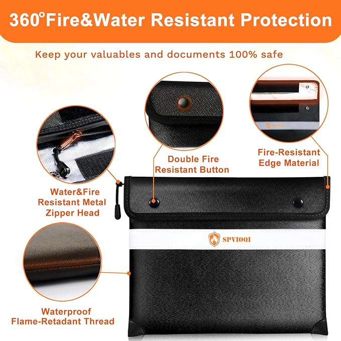 Fireproof Document Bag 5200°F with Heat Insulated, Fireproof Money Bag for Cash with Zipper and Reflective Strip, 14.2” X 11” Fireproof Safe Storage Pouch for Valuables
