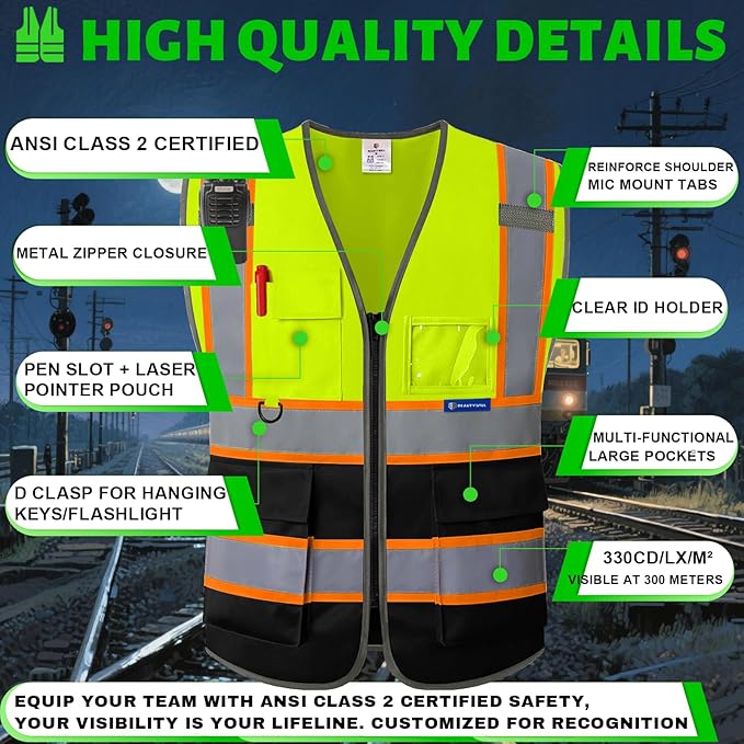 BeautyWill 10 Pack Custom Logo Safety Vest ANSI Class 2 High Visibility Reflective Vest Personalized Construction Vest Bulk