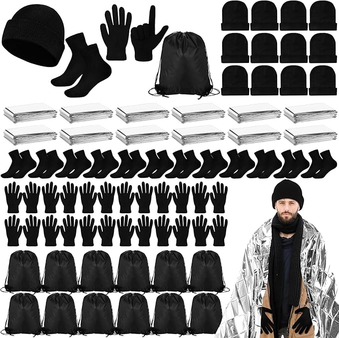 60 Pcs Homeless Care Package Supplies Winter Beanie Gloves Sock Drawstring Bags Emergency Blankets for Men Women