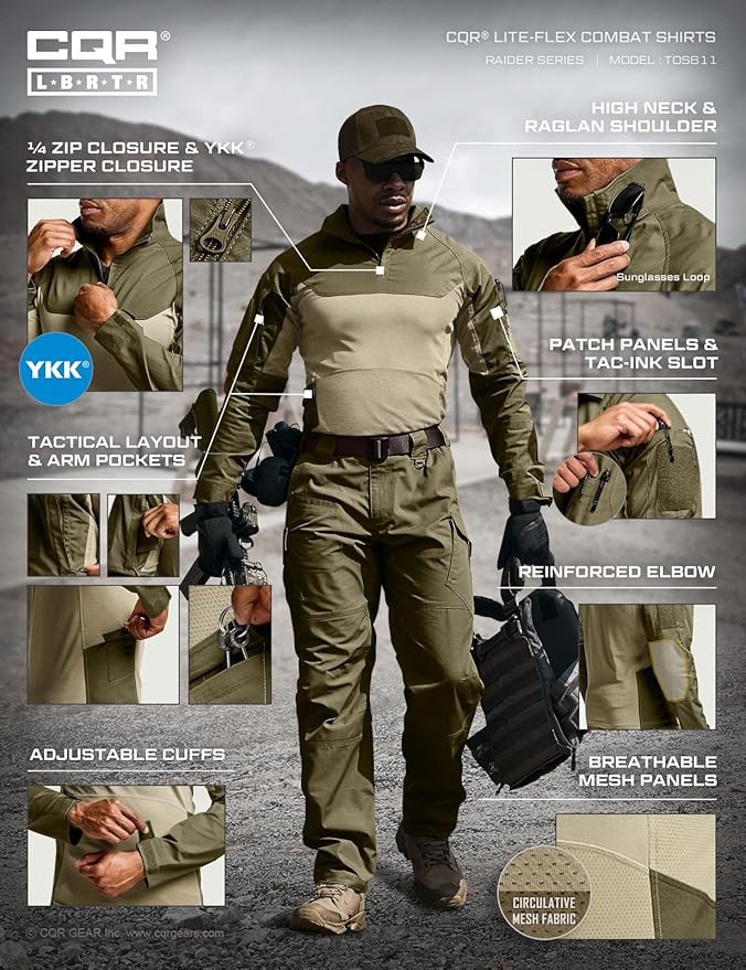 CQR Men's Combat Shirt Tactical 1/4 Zip Long Sleeve Military BDU Shirts Camo EDC Top with Pockets
