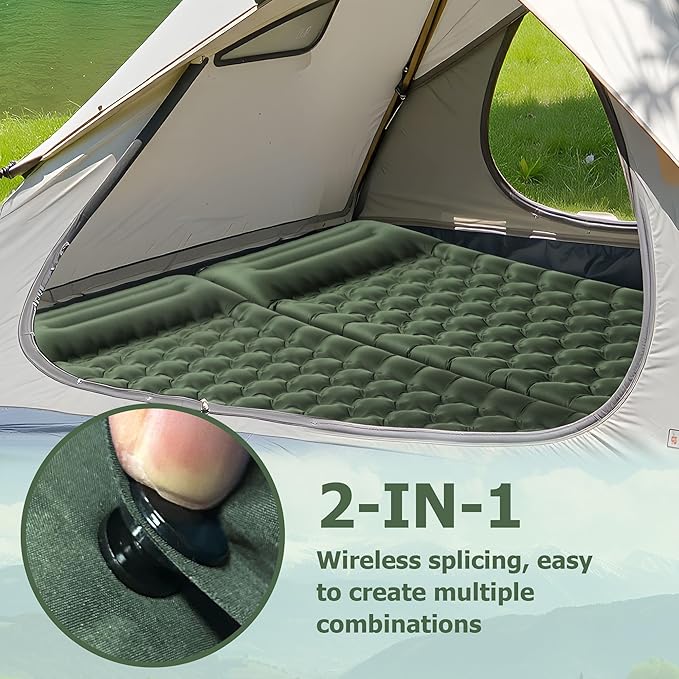Sleeping Pad, 4.7" Extra-Thick & Ultralight Inflatable Camping Mat with Pillow, Built-in Foot Pump, Compact for Backpacking, Camping, Hiking, Travel —Military Green