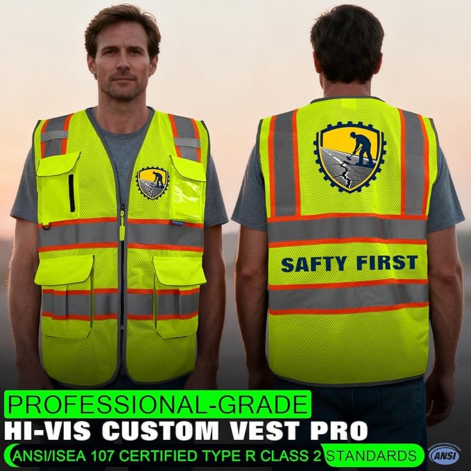 BeautyWill 10 Pack Custom Logo Safety Vest ANSI Class 2 High Visibility Reflective Vest Personalized Construction Vest Bulk