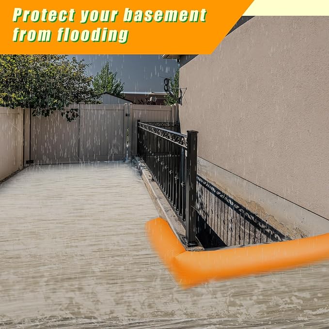 Amylove 4 Pcs PVC Inflatable Flood Barriers for Home Reusable Garage Water Prevention Barriers Flood for Rain Snow Melted Garage Door Basement Home(12 ft x 8 in x 4 in,Orange)