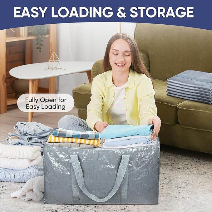 TICONN 8 Pack Extra Large Moving Bags with Zippers & Carrying Handles, Heavy-Duty Storage Tote Moving Boxes for Space Saving (8 Pack, Light Grey)