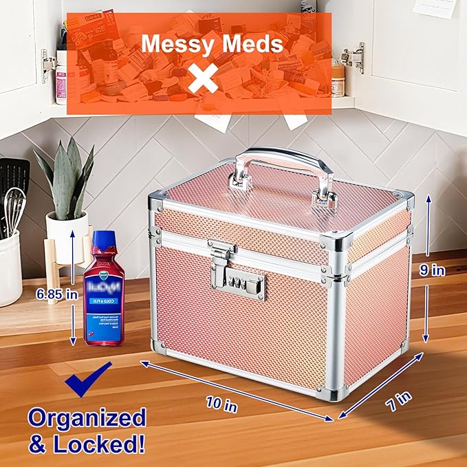 Adazzo Lockable Storage Box, Cabinet Safe Case Organizer with Combination Lock for Medications and Small Valuables, 10 x 7 x 9 Inches, Shiny Gold