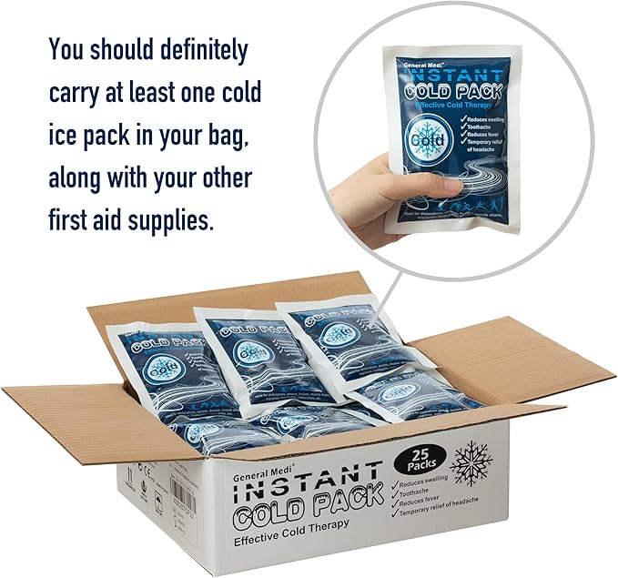 General Medi Instant Ice Cold Pack (4”x 5.5”) – 25 Packs Disposable Cold Therapy Ice Packs for Pain Relief, Swelling, Inflammation, Sprains, Toothache – for Athletes & Outdoor Activities