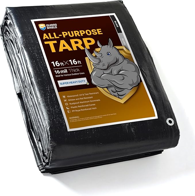 GUARD SHIELD Super Heavy Duty Black/Silver Ploy Tarp Cover 16x16 Feet Waterproof Tarps 16mil Thick UV and Tear Resistant Tarpualin