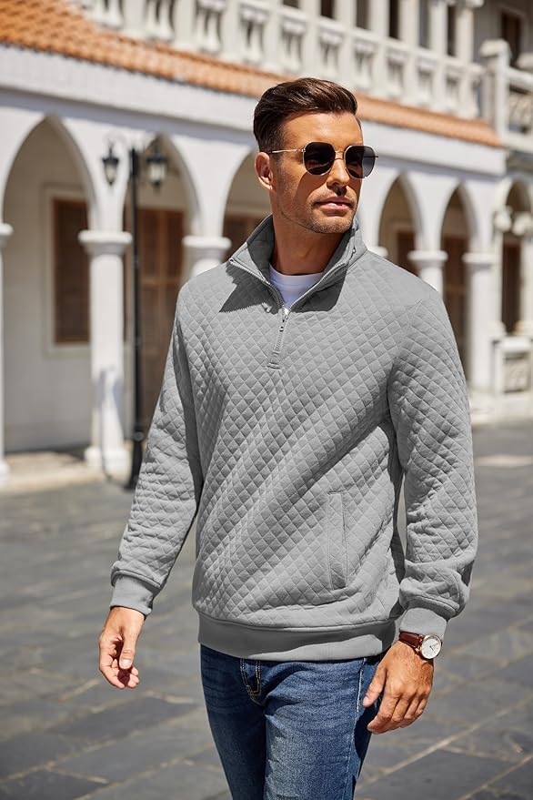 COOFANDY Mens Quarter Zip Pullover Quilted Sweatshirt Knit Long Sleeve Mock Neck Sweater Polo with Pocket