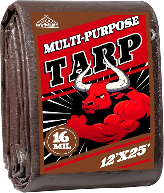 Tarp 12x25 ft Super Heavy Duty 16mil 100% Waterproof,Uv Resistant,High Durability Multipurpose Brown Tarp Suitable for Courtyards, Cars, Camping, Gardens, Pet Nests -by Mvpnet