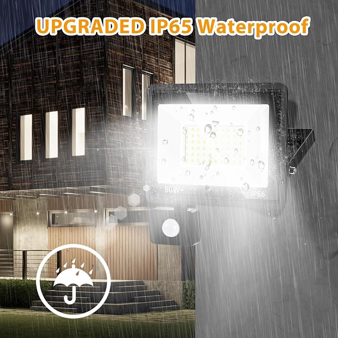 2 Pack 50W LED Motion Sensor Flood Light,LED Work Light with Plug,Super Bright IP66 Waterproof Floodlights Outdoor 5000K Daylight Dusk to Dawn 8800LM Security Light for Garage,Front Porch,barn