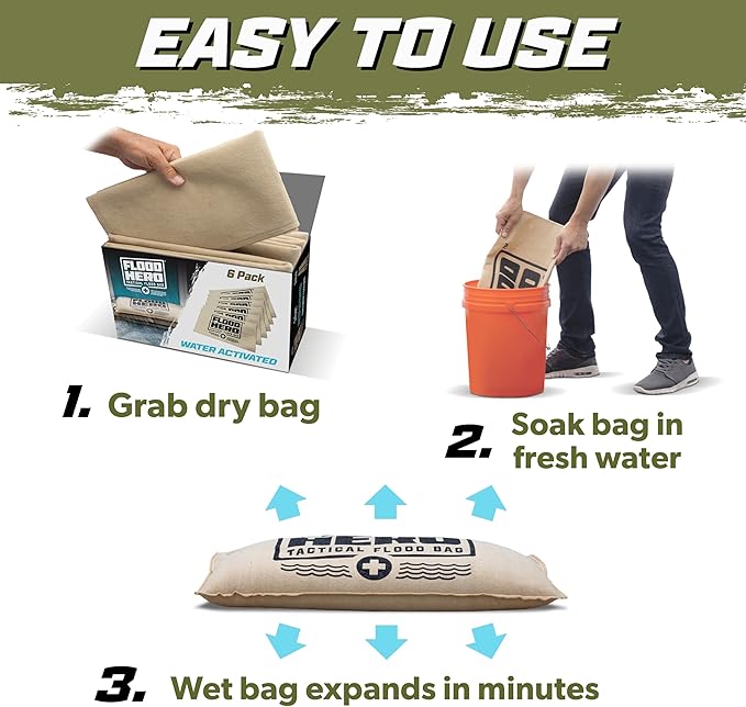 Flood Hero 2 x 1 ft Water Activated Sandbags - 6 Pack Flood Bag Barriers
