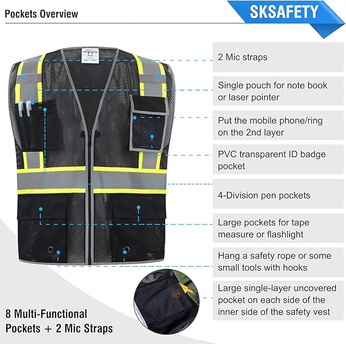 SKSAFETY 10 Pockets Safety Vest, Class 2 High Visibility Security with Zipper Double-sided mesh, Hi Vis Vest with Reflective Strips, ANSI/ISEA Standard, Construction Work Vest （Black, 5XL）