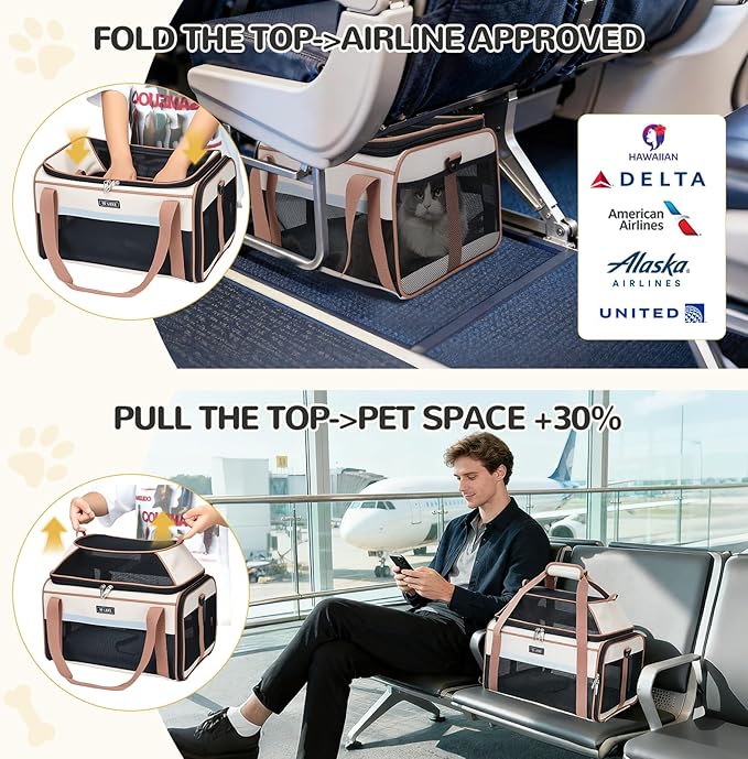 Lekereise Top-Expandable Pet Carrier 17x11x9.5 Inch Alaska Hawaiian Airline Approved Soft Sided Underseat to 12lbs Travel Carriers for Small Cats and Dogs with Locking Safety Zippers Anti-Scratch Mesh