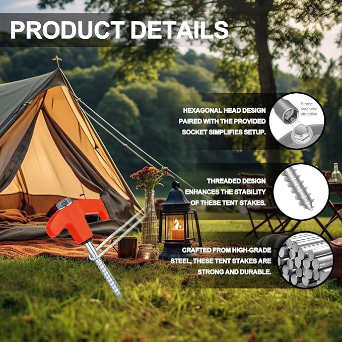 8 Pack Screw in Tent Stakes Heavy Duty,8 Inch Ground Anchors Screw in,Metal Stakes with Hex Head Driver,Camping Tent Accessories.(Orange)